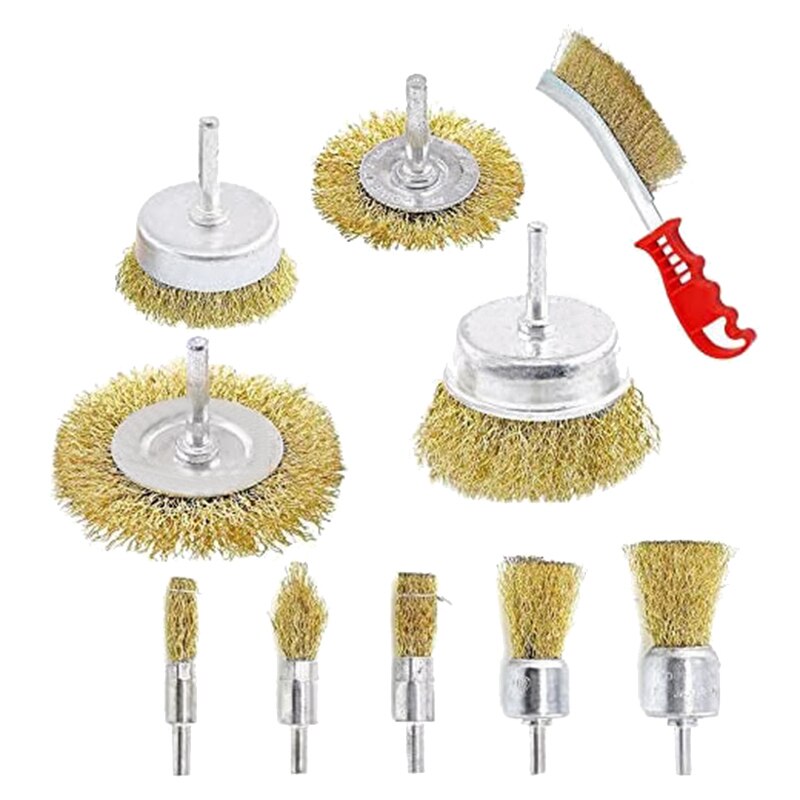 10 Pcs Wire Brush Set, Brass Coated Wire Brushes for Drill Paint Stripper Rust Remover Wire Wheel and Cup Brush Set: Default Title