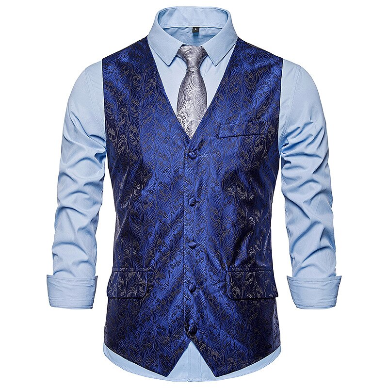 Heren zwart paisley jacquard pak vest slim fit enkelrijs vest heren bruiloft zakelijke kleding vesten heren: Donkerblauw / Ik