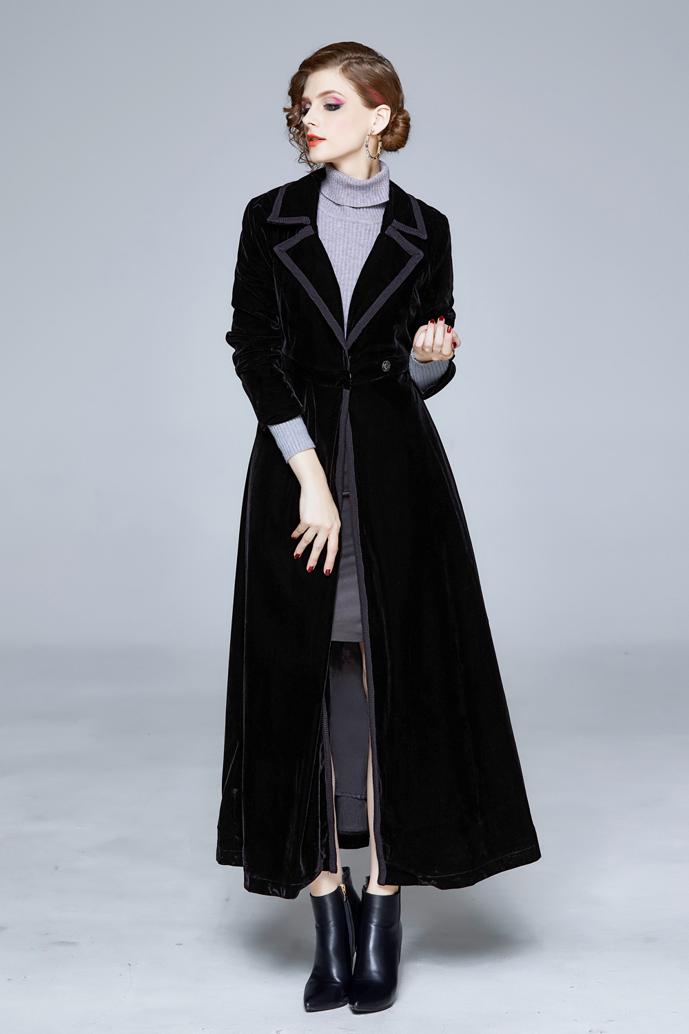 Abrigo largo de terciopelo con cuello de solapa para mujer, abrigo rojo , temperamento Noble, prendas de vestir, novedad, invierno,: HLW9059 Black / XXL