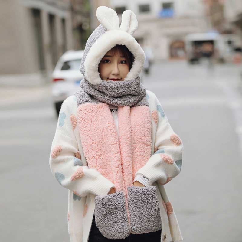 Nyeste baby forældre-barn søde kanin øre fløjl vinter dobbelt lag hat + tørklæde + handsker halsvarmer jakkesæt til barn voksen: D-voksen