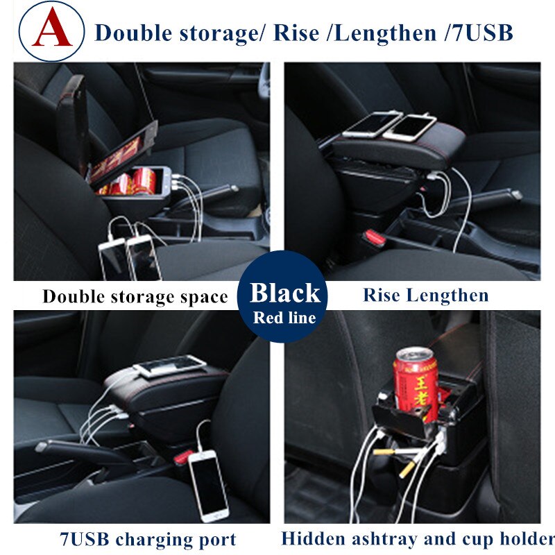 For Hyundai Getz Armrest Box Hyundai Getz Universal Car Central Armrest Storage Box cup holder ashtray modification accessories: A Black Red line