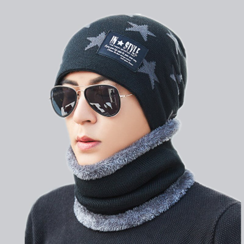 Forældre barn udendørs 2 stk super varm vinter balaclava uld huer strik hue og tørklæde til 3-12 år pige drenge hatte: Voksen sort