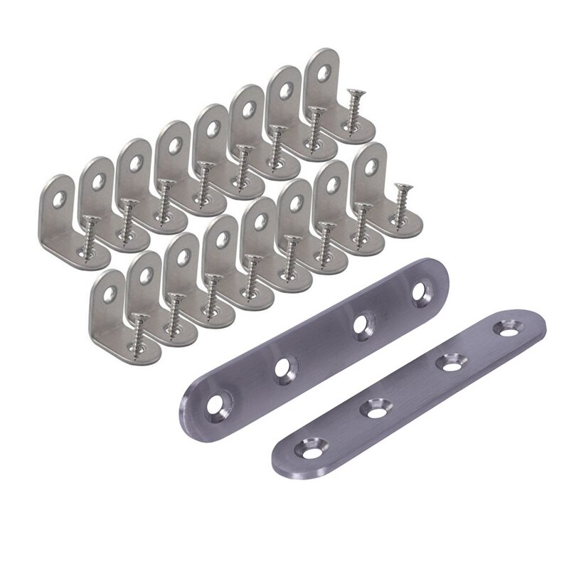 2Pcs Flat Stainless Steel Plate Brackets Support & 16Pcs Brace Corner Steel Joint Right Angle Bracket Fastener