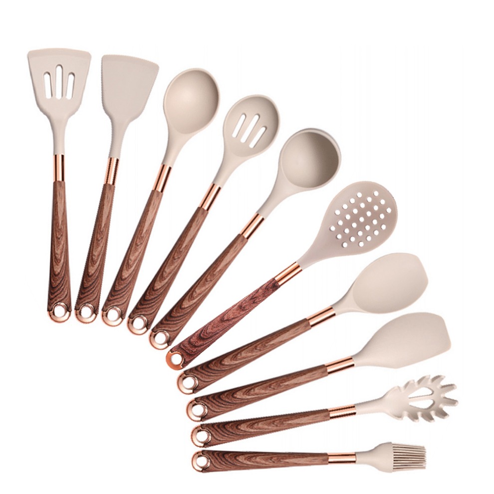 Silicone Cooking Utensils Set Heat Resistant Kitchen Spatula Spoon Non-Stick Tools With Rose Gold-Plated Handle And Holder: Dark Grey