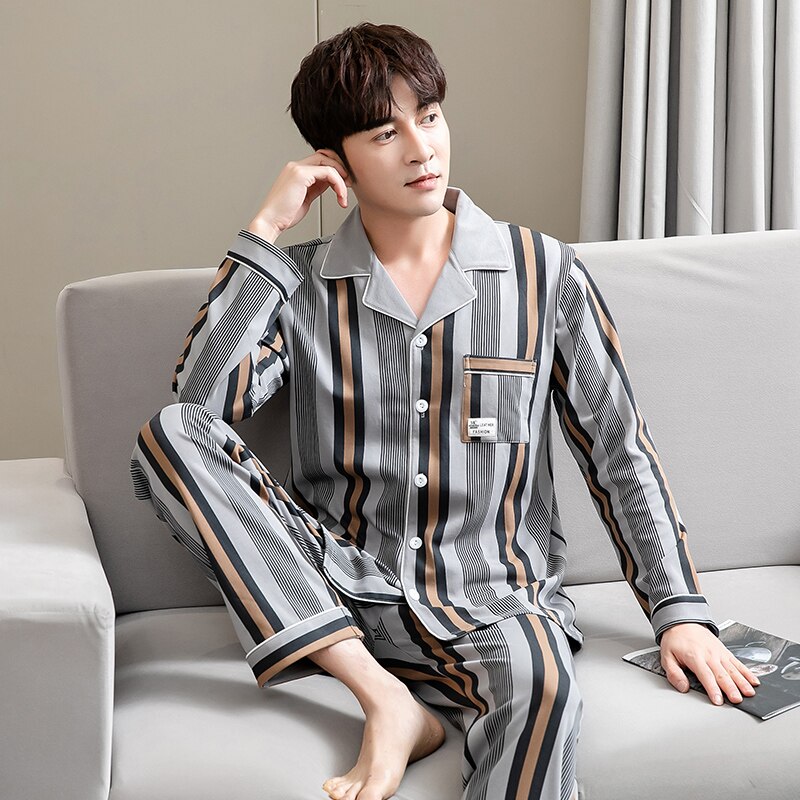 Pyjama homme M-4XL coton, vêtements de nuit, rayé, ensemble 2 pièces, hiver, 100%