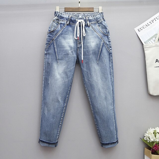 Jean maman grande taille pour femme, 100kg, ample, élastique, taille haute, Harem, Denim, automne et hiver: 6640 blue / 5XL