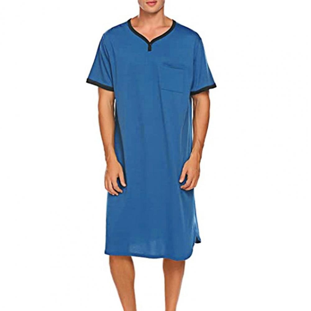 Men Short Sleeve O Neck Pocket Nightdress Loose Knee-length Nightgown Homewear Loose Knee-length Nightgown Homewear
