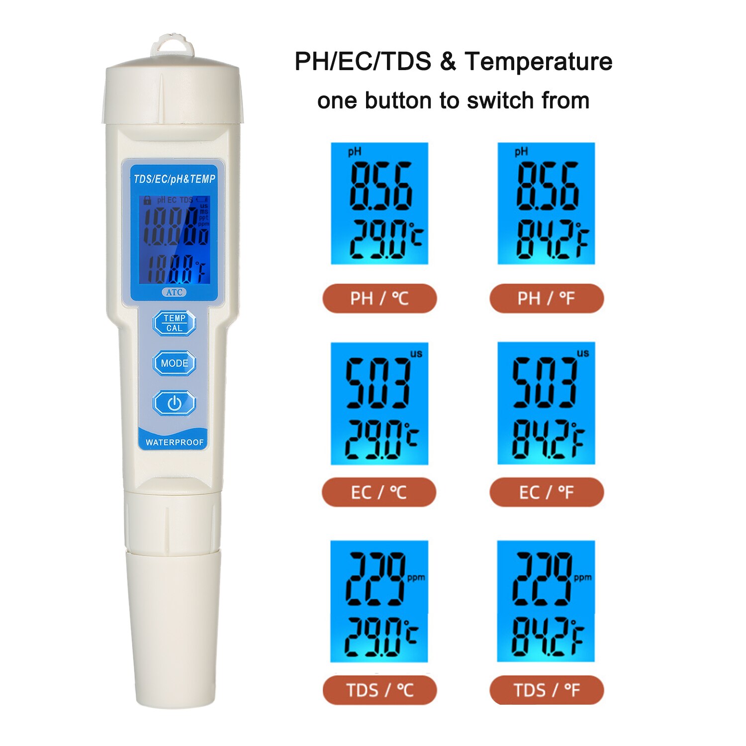 4-in-1 Water Tester Pen Waterproof Water Analysis Instrument PH/EC/TDS & Temperature Meter PH Meter TDS Meter