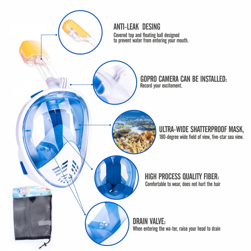 Full Face Snorkel Mask Snorkeling Mask with Detachable Camera Mount 180° Panoramic Anti-Fog Anti-Leak Diving Mask