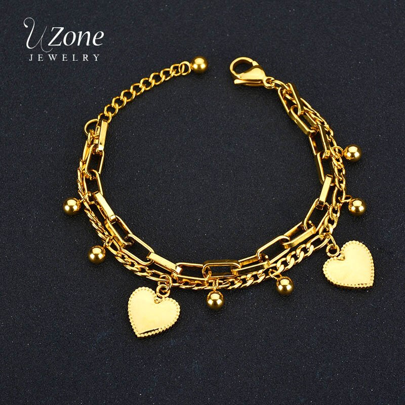 Uzone Rvs Dubbele Laag Kralen Hart Armbanden & Bangles Charm Link Armbanden Voor Vrouwen Liefde Gouden Ketting Sieraden