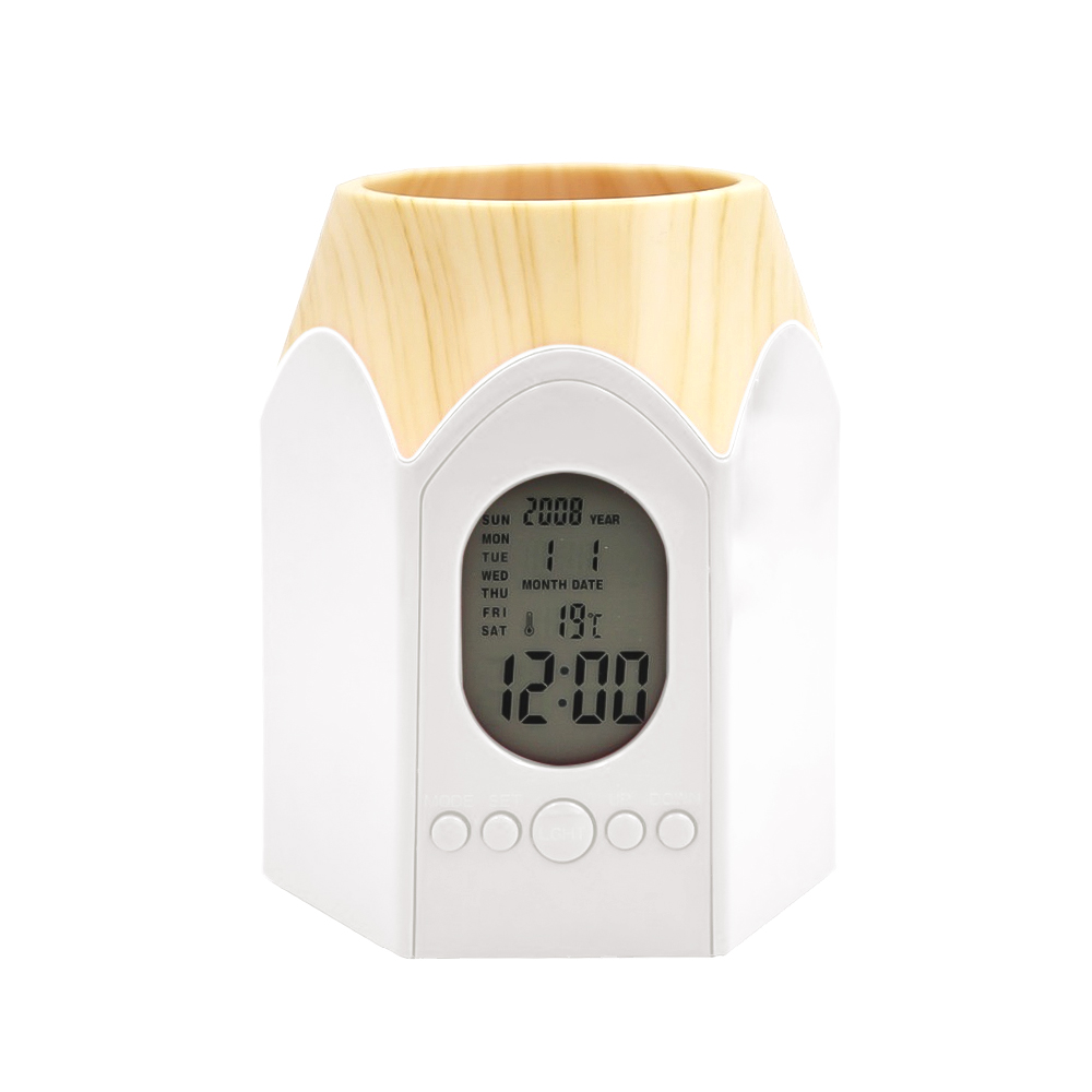 Pencil Head Shape Pen Holder with LED Digital Alarm Clock Multi-function Pencil Pot Table Clock with Office Temperature Calendar: white