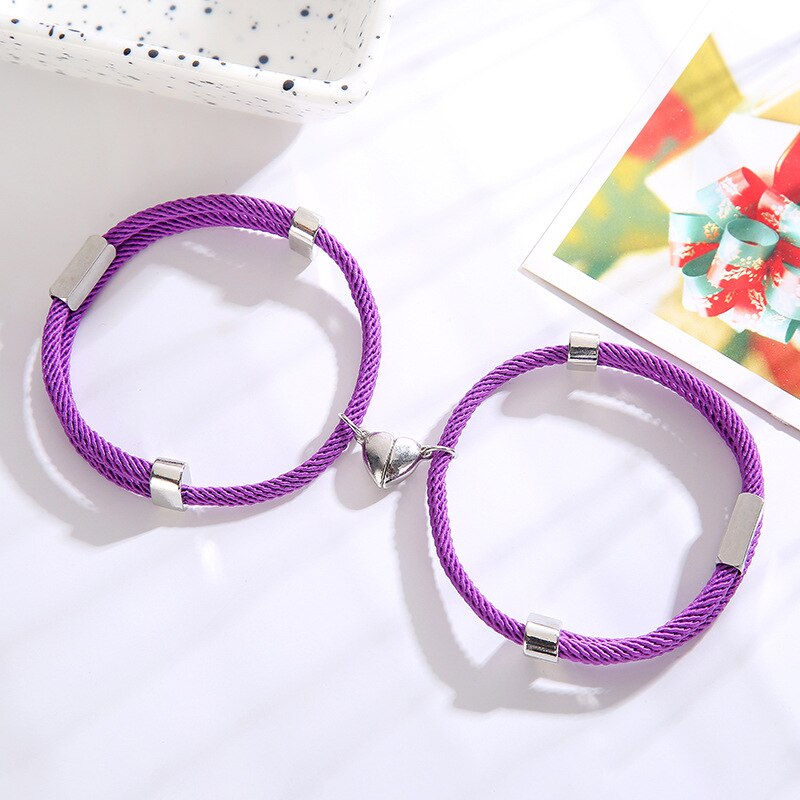 1 paar Magnetic Herz Paar Armbänder Seil Kette Edelstahl Charme Armbänder Für Frauen Männer Liebhaber Gepaart Schmuck: Light Purple