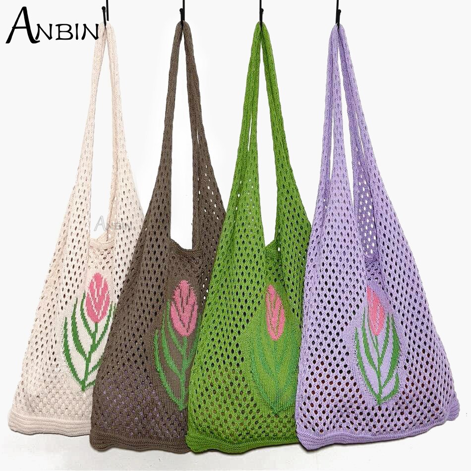 Vrouwen Tassen Gebreide Vest Strand Schouder Bakken Bloem Patroon Gehaakte Tas Grote Capaciteit Vrouwelijke Handtas Shopper