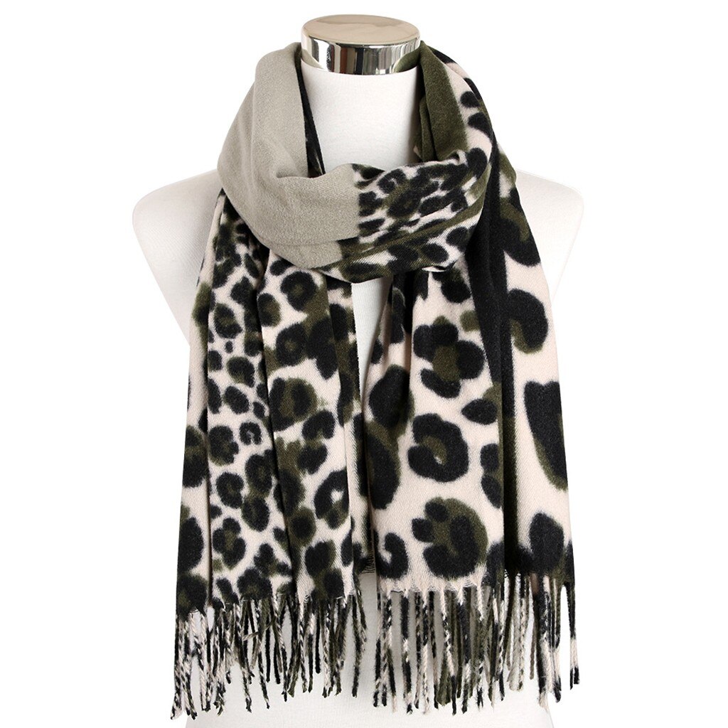 Leopard print winter women wool Brand shawl hijab luxury for ladies long scarves thick oversize pashmina#g3: Army Green