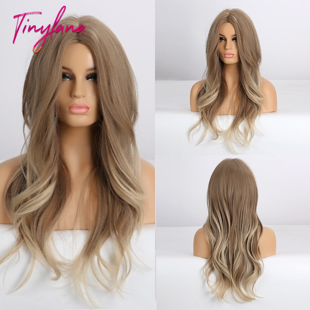 TINY LANA Synthetic Wigs Golden Ash Blonde Ombre Long Middle Point Wavy HairStyle Natural Hairline for Afro Women Heat Resistant: LC254-3