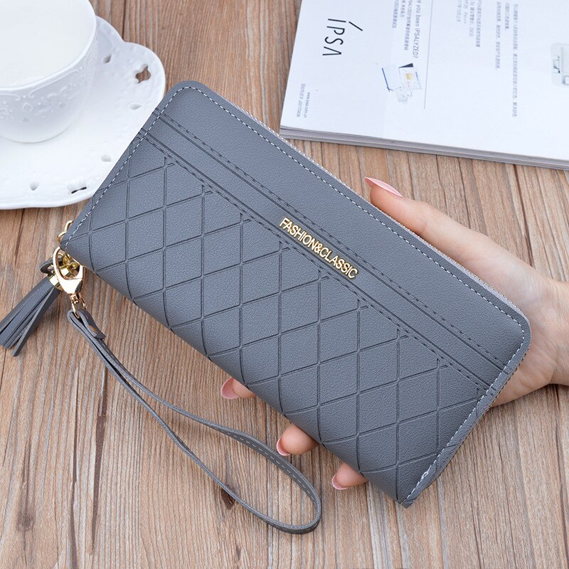 Women Pu Leather Wallets Multifunction Long Zipper Purses Female Coin Card Holders Phone Wallet Girls Portable Clutch: Gray