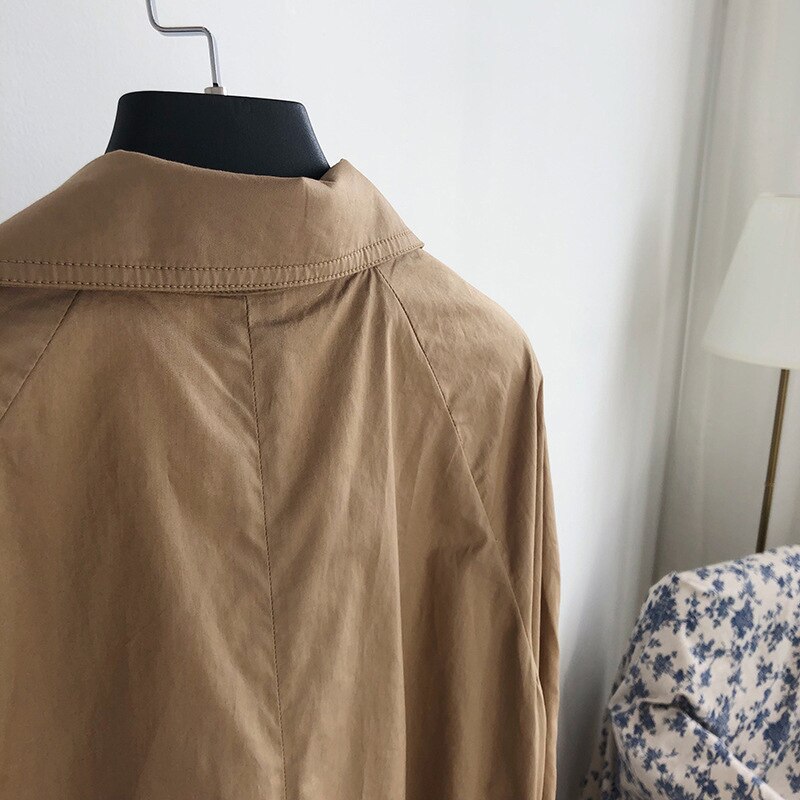 [eam] losse pasvorm kaki bandage split joint temperament jas revers lange mouw damesjas lente herfst 1 648