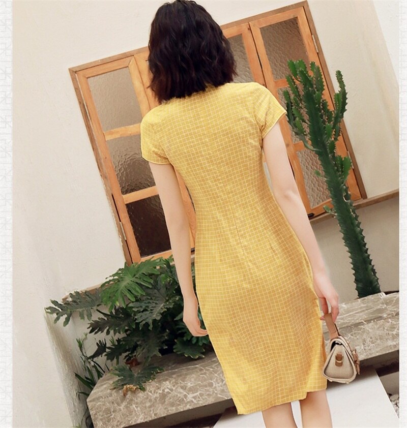 Vestido de primavera a cuadros de estilo chino, ajustado