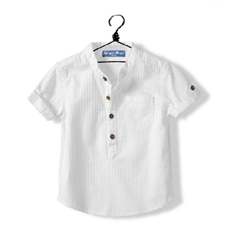 Afslappede drenge skjorter baby børn bomuld kortærmet bluse til sommer børn drenge hvid skjorte stå krave smukke toppe