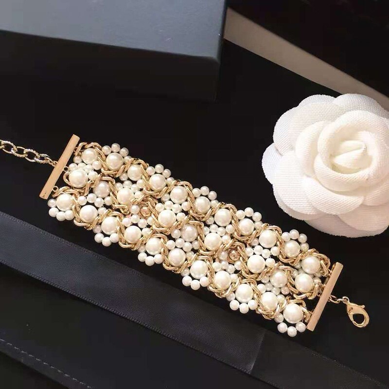 Brand Gold Color Jewelry For Women Weaving Pearls Chain Bracelet Praty Jewelry Vintage