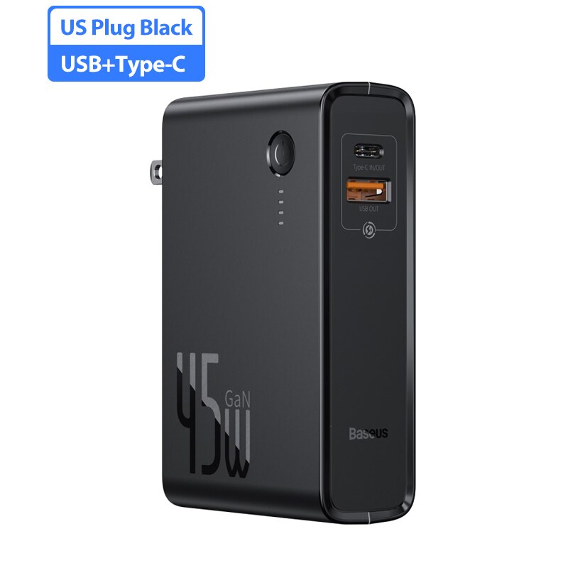 Baseus Gan 45W Power Bank Us Plug Charger 10000Mah Powerbank Voor Xiaomi Pd Snel Opladen Ons Oplader Voor iphone QC.4.0 Power Bank: 1USB  1C Black