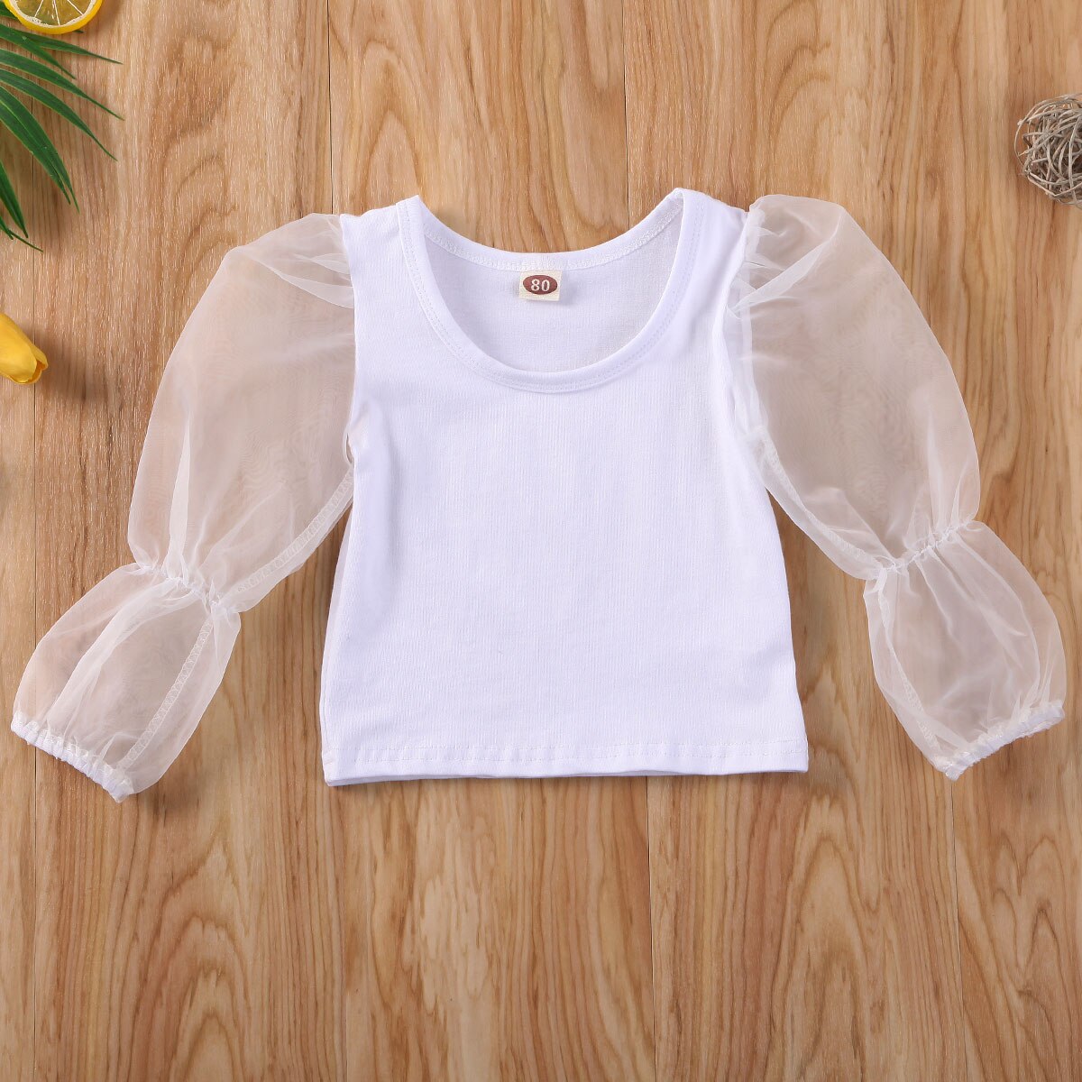 Baby zomerkleding 0-5t peuter kind baby meisjeskleding mesh lange kant pofmouw top effen t-shirt effen blouse