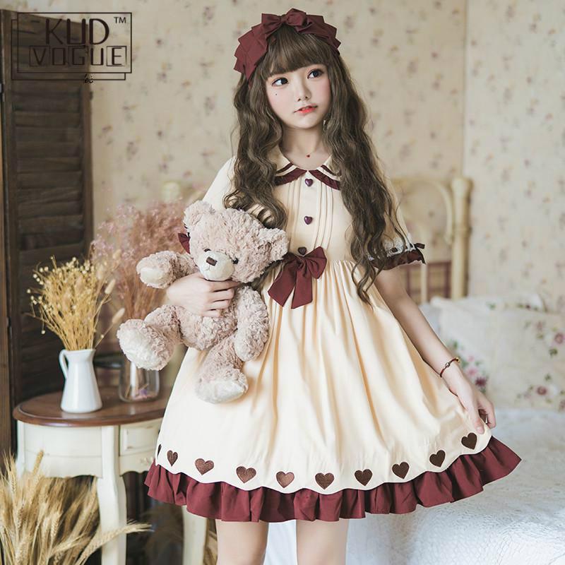 Lolita vintage piger sommer sød rund dukkekrave korte ærmer bånd sløjfer hjerter flæser kvinder fest prinsesse bal kawaii