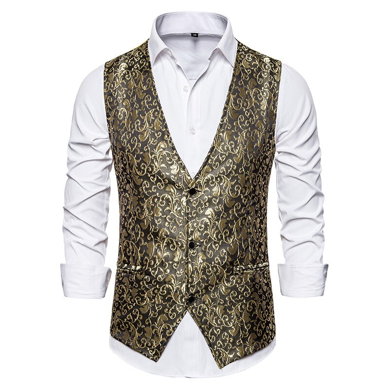 Jacquard blommig väst för män palatsstil bröllopsbal män klänning västar slim fit enkelknäppt herrväst: Guld- / Europeisk l