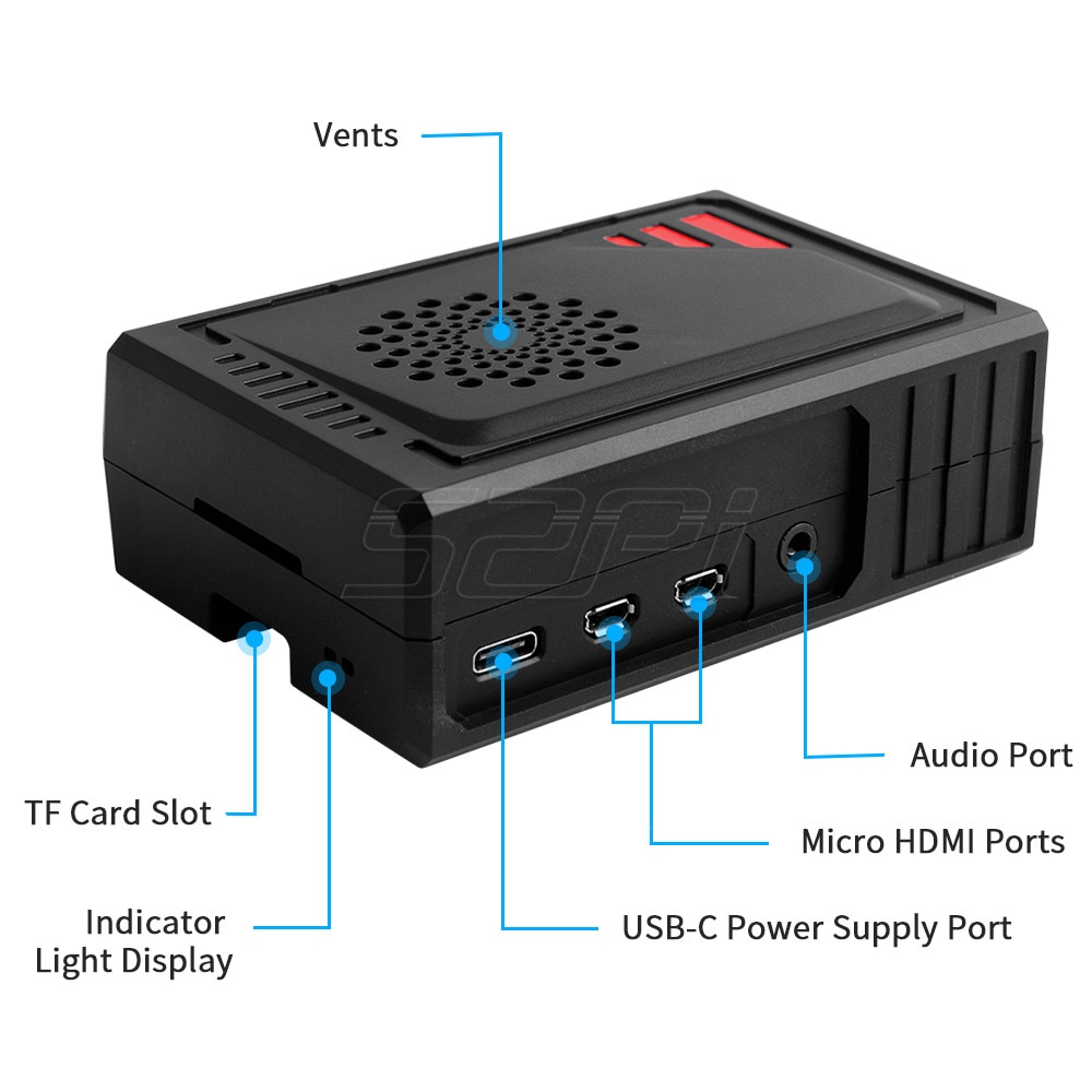 Boîtier Raspberry Pi 4B, Port USB c, Ports Micro HDMI, fente pour carte TF, dissipateur de chaleur en aluminium, icône noire, tournevis de ventilateur 4010