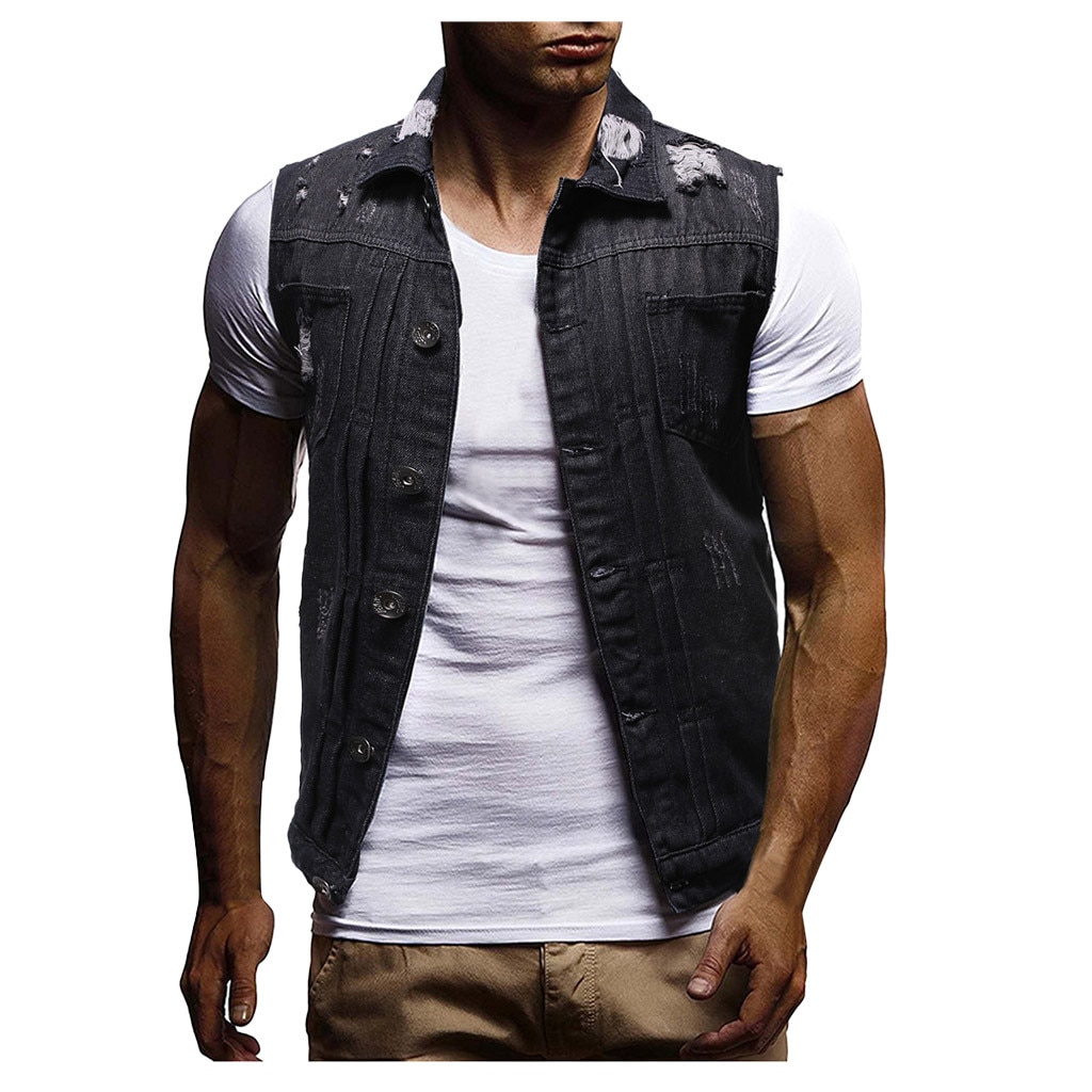 Coton Jeans sans manches veste gilet hommes grande taille noir Denim Jeans gilet mâle Cowboy extérieur gilet hommes veste # G3