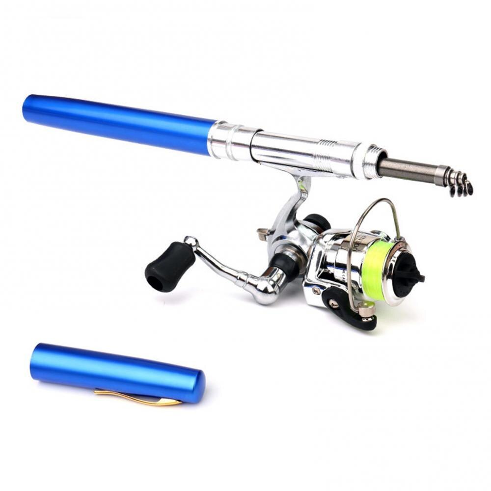 Mini canne à pêche télescopique en métal, 1.6m, en forme de stylo, avec moulinet à tambour fixe: Bleu