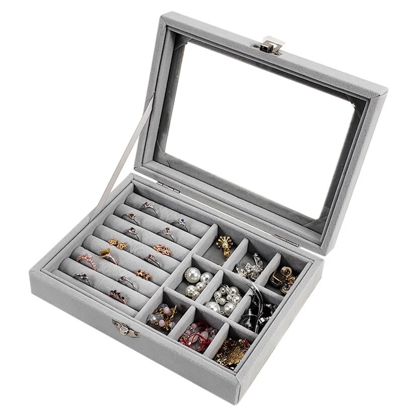 de joyero de terciopelo europeo, organizador para presentación de joyas, caja de , almacenamiento de joyas, caja de anillo de maquillaje, escaparate de collar: gray -2