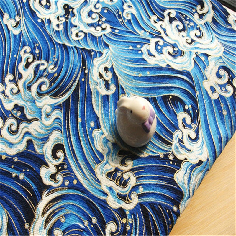 Doe-het-zelf katoenen linnenstof voor tafelkleed/kussenhoezen, japanse ukiyoe-prints met oceaan-golven, prachtige bronzen kleding-/tassenstof