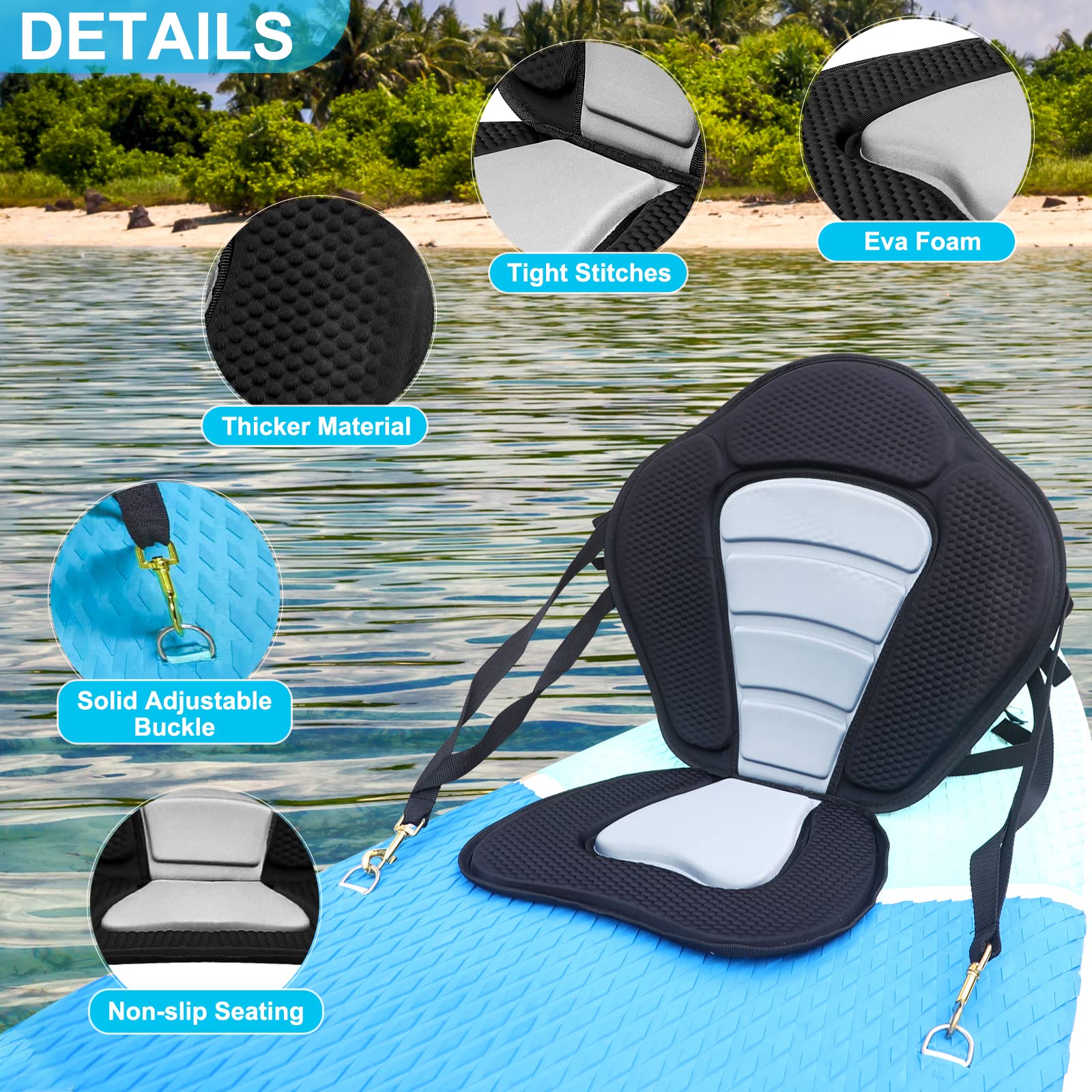 Kayak Seat Universal Sit On Top Foam Padded High Back Backrest Paddle Board Seat Detachable Breathable Thickened Non-slip