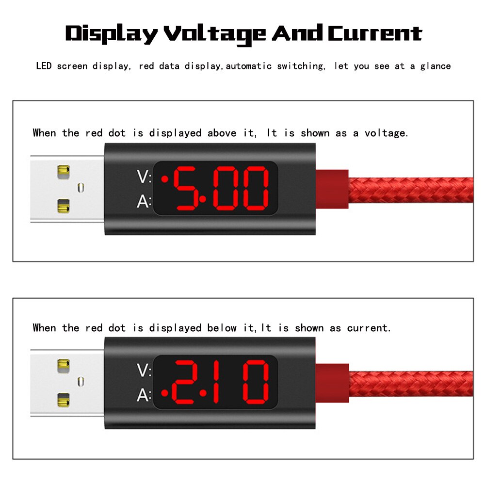 USB Display Kabel Für iPhone X Typ C Micro USB Kabel 3A Schnelle Ladekabel Mit LED Spannung Strom Display nylon Handys Kabel