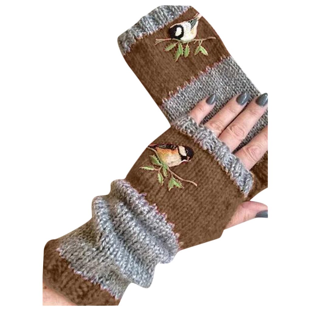 Adult Fingerless Gloves Half Finger Knitted Mittens Winter Bird Print Soft Unisex Gloves Women Wrist Guantes Mittens