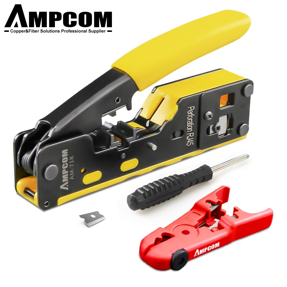 AMPCOM RJ45 RJ11 Pass Through Crimping Tool for Cat7/6A Cat6/5 Ethernet Modular Plugs Connectors With Stripper and Spare Blade: Yellow Set 1