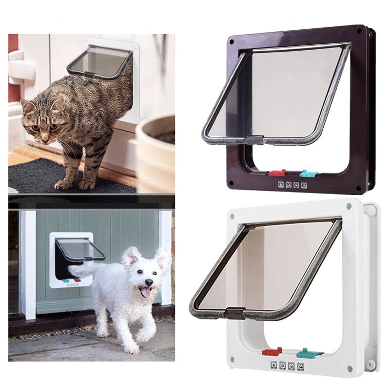 Puerta de 4 vías con solapa para perros y gatos, puerta de seguridad bloqueable para mascotas, animales, ventana, entrada libre, fácil de instalar, suministros para mascotas