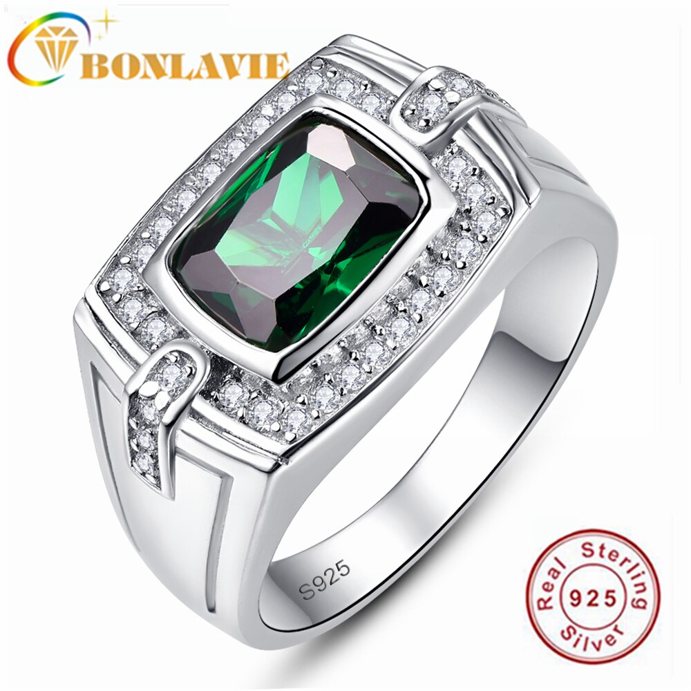 Bonlavie 925 Sterling Silver Lunga Cuscino Verde Smeraldo con Piccolo Diamante Degli Uomini di Anello per La Cerimonia Nuziale E Regalo di Fidanzamento