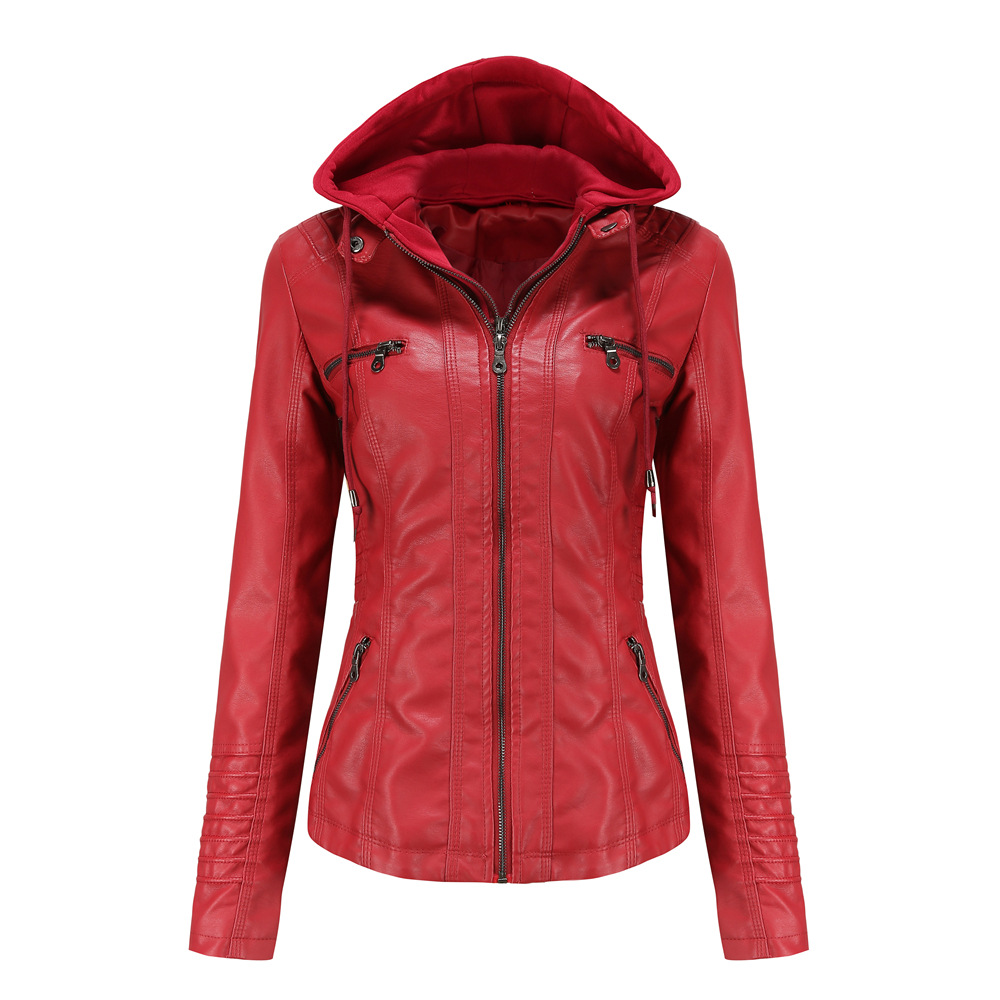 YJKDYK 2025 Lente Herfst vrouwen Lederen Jassen Capuchon Afneembare Rits Jas Vrouwelijke Zak Pure Kleur Motorjas