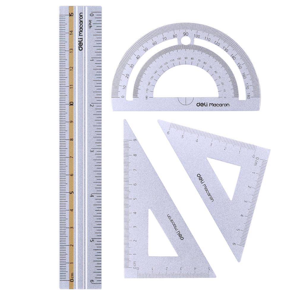 DELI EG02404 Ruler Set aluminum alloy 4pcs/set Drawing Measurement Geometry Triangle straightedge Protractor a variety of rulers