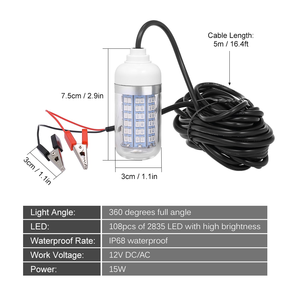 12V 15W Onderwater Vissen Trekken Licht LED Lamp Vissen Licht Lokt Vis Finder Lamp Trekt Garnalen Inktvis Krill (4 kleuren)