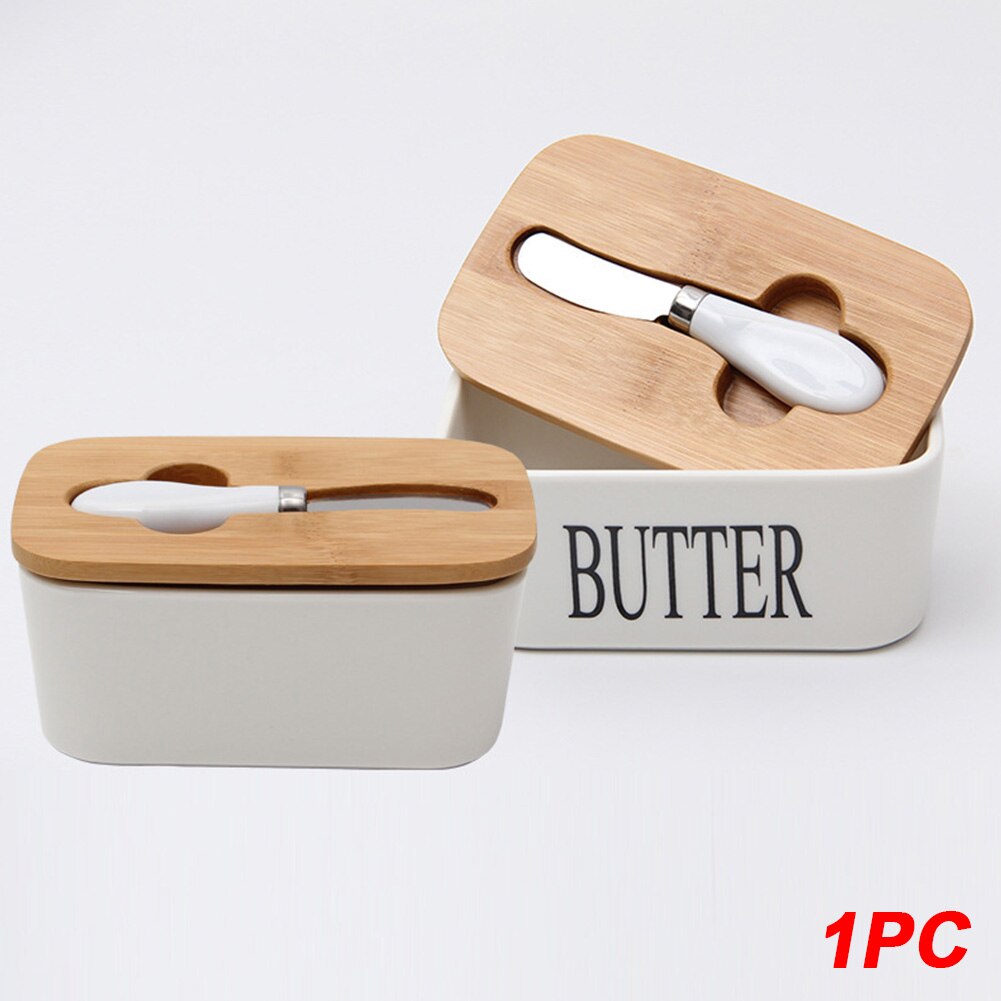 Sealing Kitchen Keeper Ceramic Nordic Style Plate Tool Container Dish With Wood Lid Cheese Food Butter Box Storage Tray