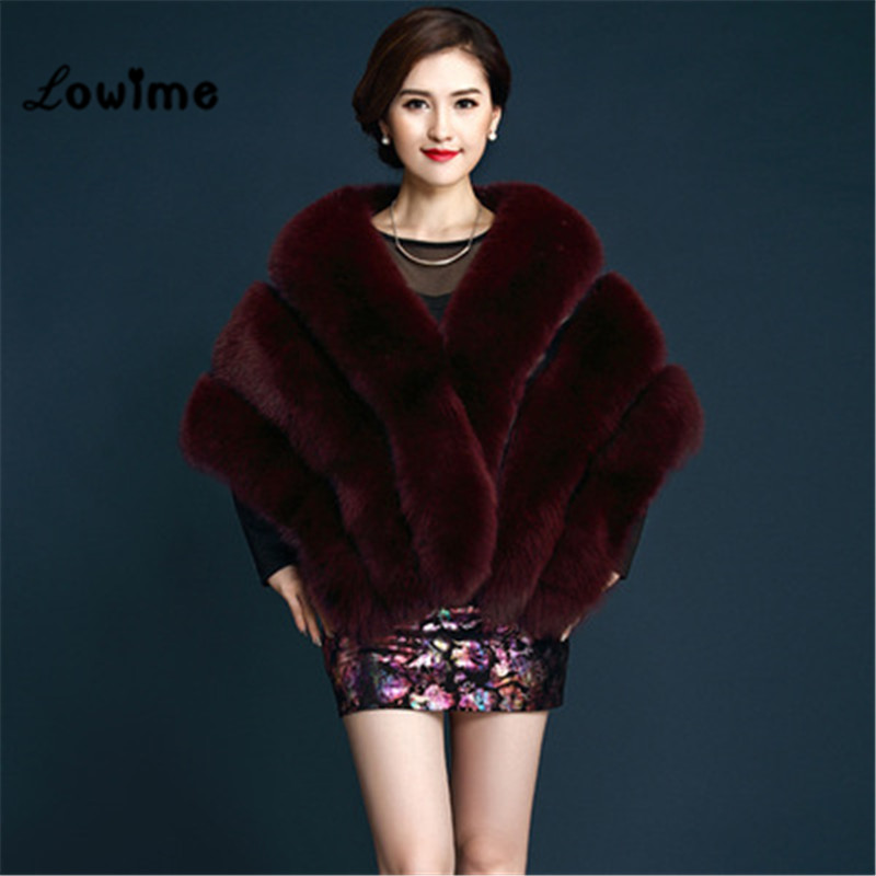 Multi Farbe Auf Lagerbier Bolero Frauen Faux Fell Hochzeit Jacke Günstige Pelz Schal Braut zucken Kap Mariage Winter Braut Mantel Neue: Burgund