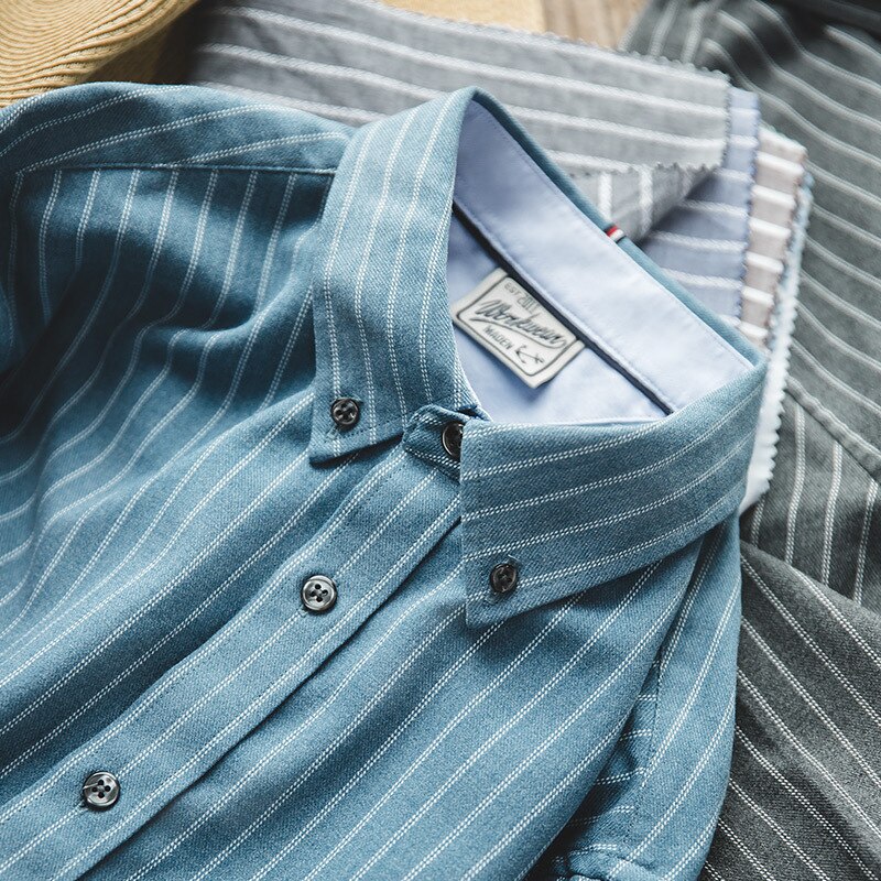 Hommes chemise américaine rétro brossé bleu pinrayure chemise à manches longues Hong Kong style japonais décontracté chemise hommes vêtements