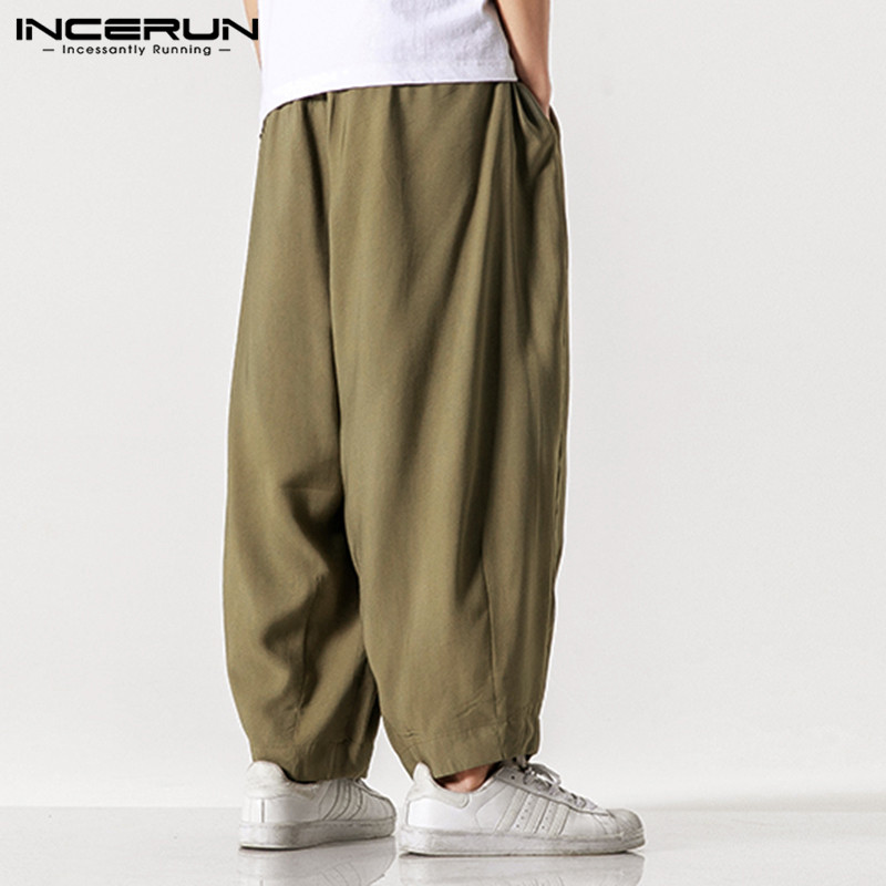 Men Wide Leg Pants 2022 Drawstring Joggers Plain Pockets High Street Casual Trousers Men Baggy Harem Pants INCERUN S-5XL