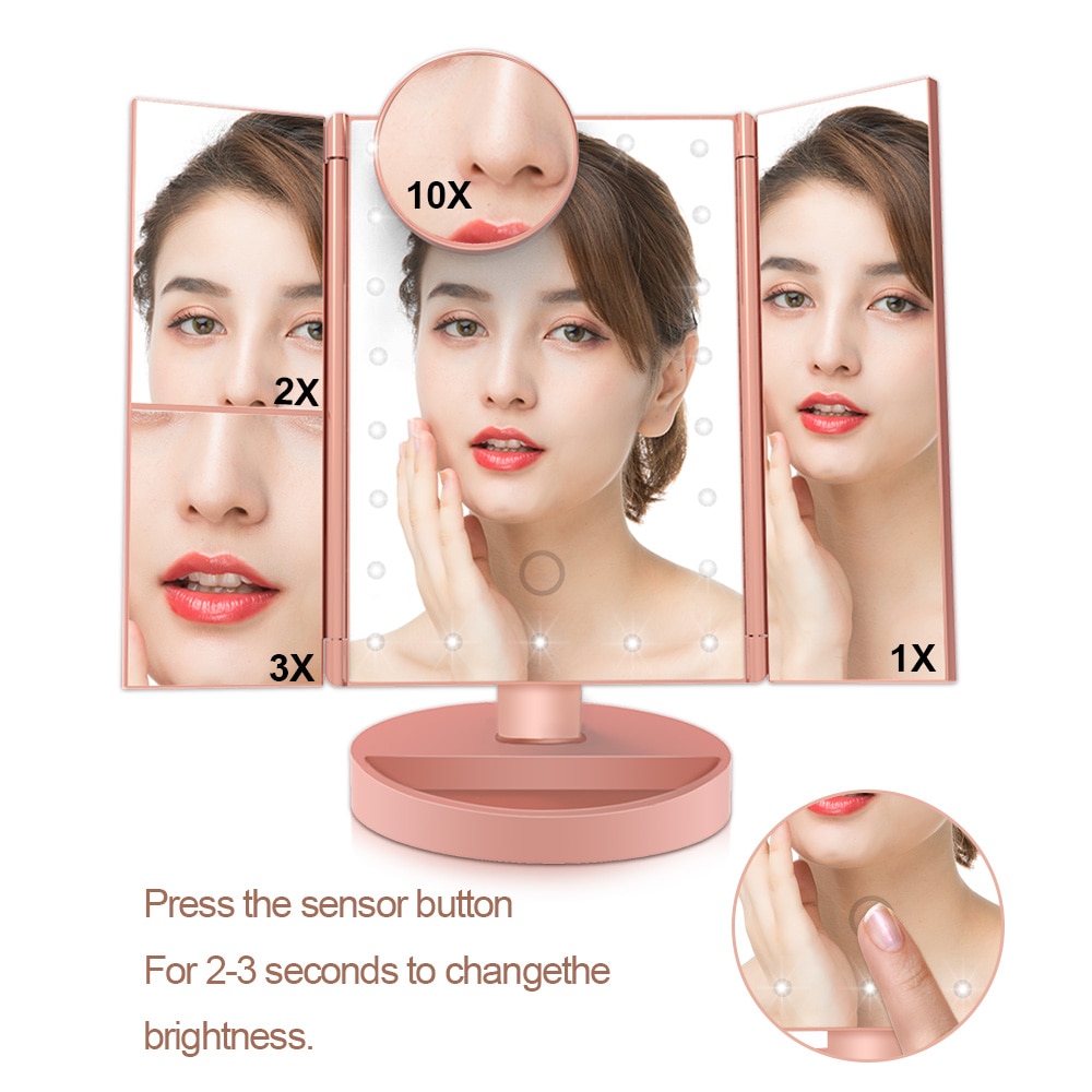 LED Touch Screen 22 Light Makeup Mirror Table Desktop Makeup 1X/2X/3X/10X Magnifying Mirrors Vanity 3 Folding Adjustable Mirror