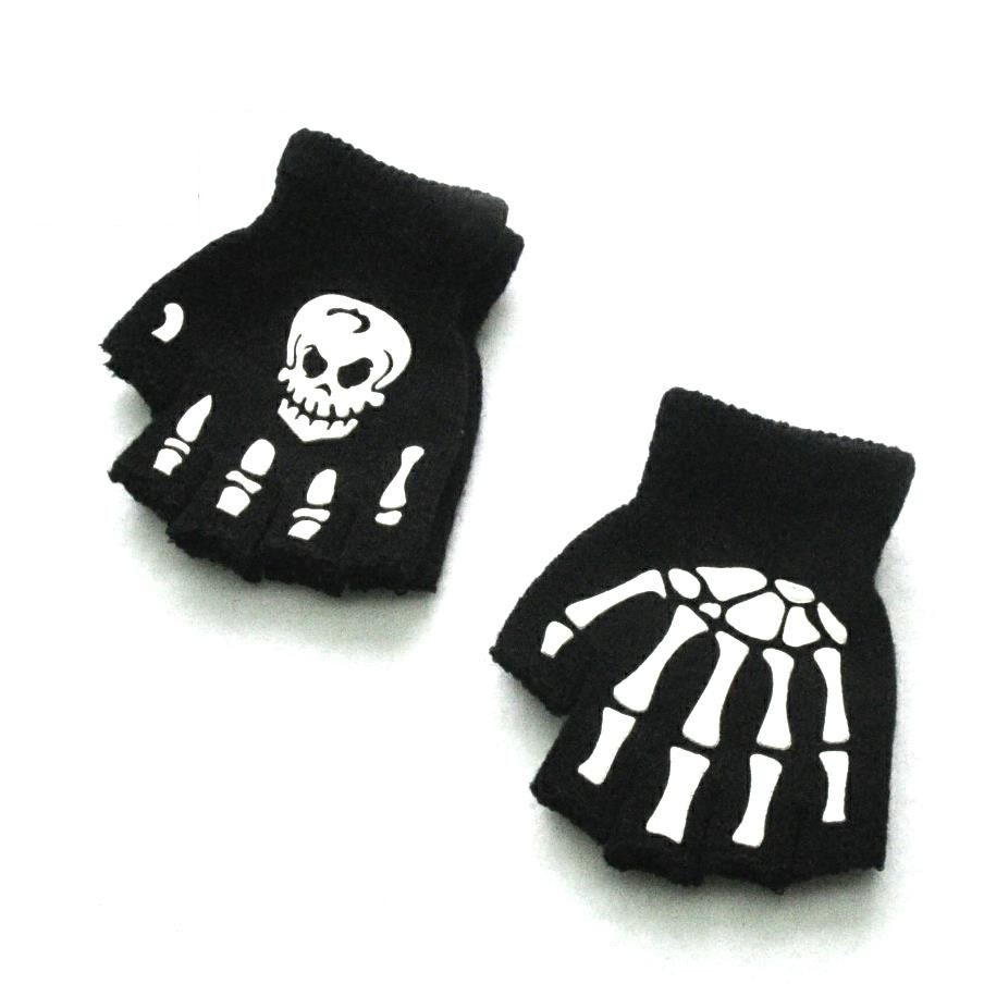 Impressão de esqueleto fluorescente crânio malha metade dedo luvas fresco outono inverno preto ridding tricô para crianças 5-12y