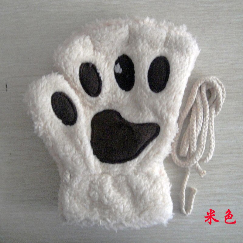Gants de dessin animé chat fille, mitaine épaisse peluche ours patte demi-doigt G22: Beige