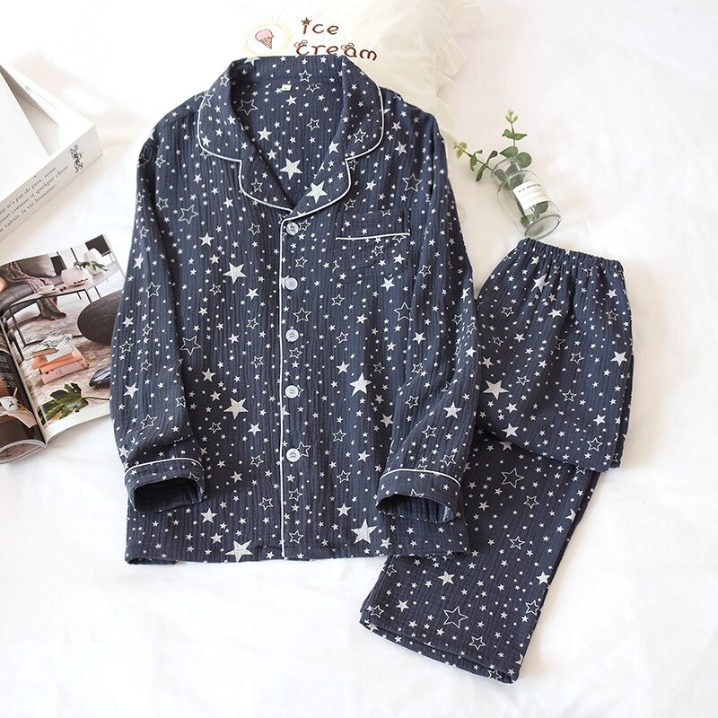 Spring Japanese pajamas sets men sleepwear 100% crepe cotton simple Starry sky casual male long sleeve pyjamas: ZB Starry sky Blue / XL 80-92kg